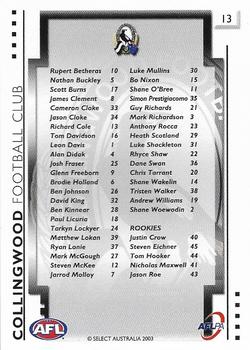 2003 Select XL Ultra AFL #13 Collingwood Magpies Back